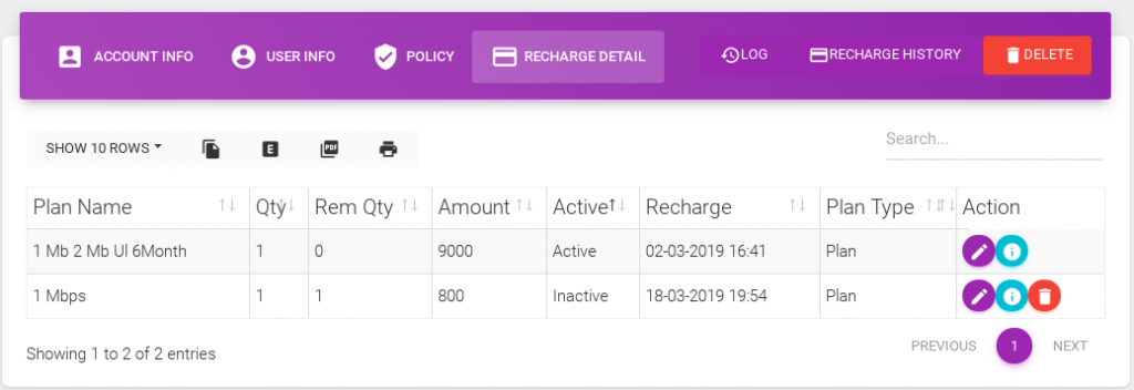 Display User Recharge Details